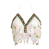 Maxbell Maxbell Belly Dance Beaded Bra Sequins Tassel Top Sexy Dancing Singer Costume White