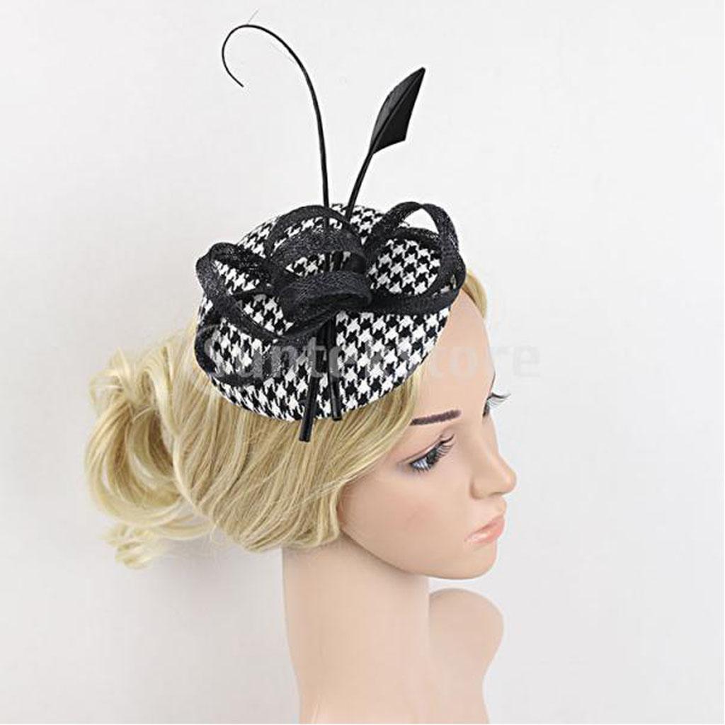 Maxbell Ribbon Flower Fascinator Feather Grid Mini Top Hat Hair Clip Wedding Black
