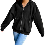 Maxbell 4xWomen's Solid color Cotton Blend Zipper Hoodie Jacket loose Top Black M