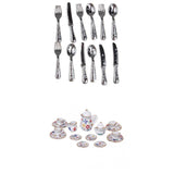 Maxbell Dollhouse miniature 15 porcelain tea set +12Pcs Stainless Steel knife fork spoon