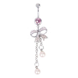 Maxbell Crystal Barbell Butterfly Bow Pearl Dangle Navel Belly Ring Piercing Jewelry