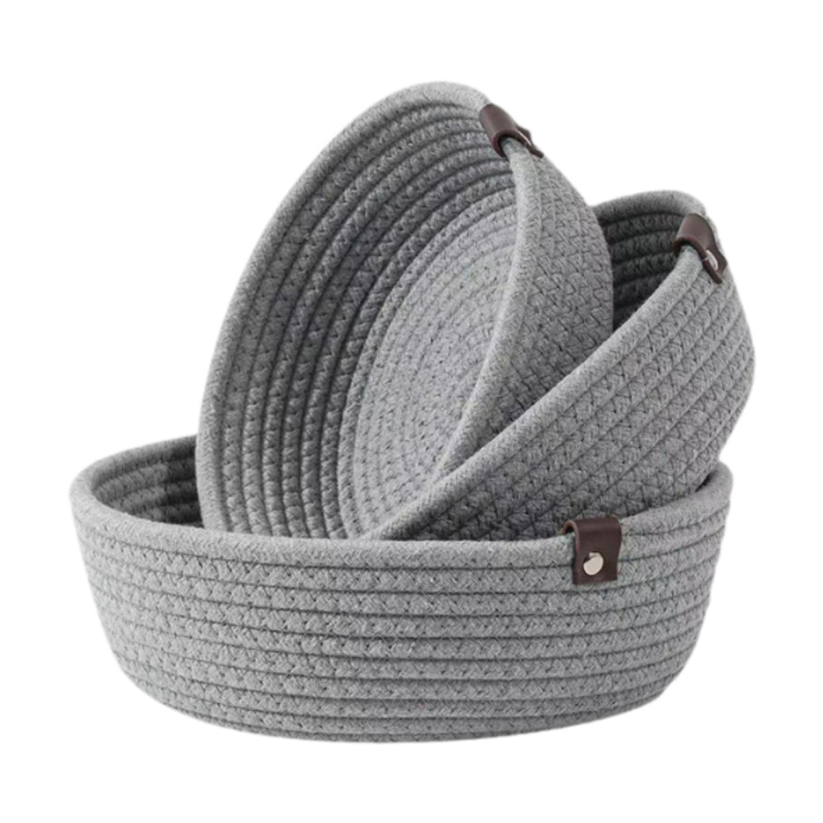 Maxbell 3Pcs Round Small Woven Baskets Set Bowl Desktop Sundries Cotton Rope Baskets Gray