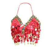 Maxbell Maxbell Belly Dance Beaded Bra Sequins Tassel Top Sexy Dancing Singer Costume Red