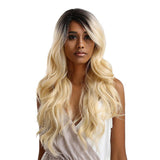 Maxbell 25'' Women Black Gradient Beige Long Synthetic Wig Curly Wave Front Lace Wig