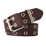 Maxbell 5xDouble Grommet Belt PU Leather Punk Double Prong Buckle for Men Women Coffee