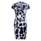 Maxbell Maxbell Sexy Women V Neck PU Splicing Short Sleeves Stone Grain Print Mini Dress XL