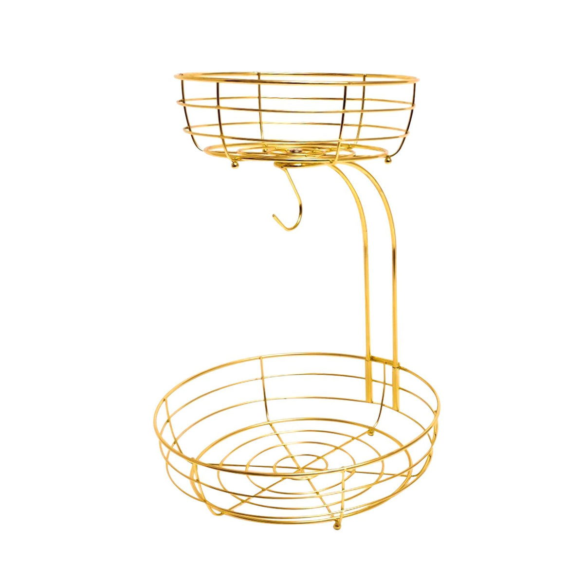 Maxbell Fruit Basket with Banana Hanger Iron 2 Tier for Kitchen Counter Dining Table Gold