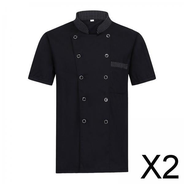 Maxbell 2xUnisex Chef Coat Jacket Catering Kitchen Short Sleeve Chef Wear L Black