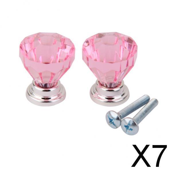 Maxbell 7x2Pcs Crystal Diamond Glass Cabinet Drawer Wardrobe Pull Handle Knobs  Pink