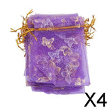 Maxbell 4x100pcs Golden Butterfly Purple Organza Bag Wedding Gift Bag 9x12cm