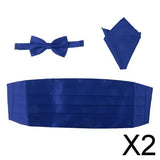 Maxbell 2x3pcs Men's Satin Bow Tie Cummerbund Hanky Handkerchief Royal Blue