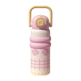 Maxbell Insulated Water Bottle with Handle Cartoon Tumbler for Work Traveling Sports Pink and Yellow