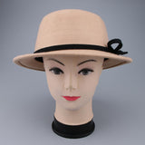 Women Wool Felt Flat Top Fedora Hat Party Church Bowknot Derby Trilby Cap Light Tan