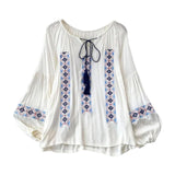 Maxbell Women Embroidery Blouse Lightweight Elegant Casual Tops Round Neck Boho Tops White