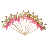 Maxbell 30 Pieces Pretty Crown Cake Topper Food Picks with Ribbon Pink and Gold