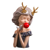 Maxbell Cute Bubble Girl Statue Crafts Figurines Kids Room Holiday Table Decor Arts Antlers Gray