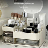 Maxbell Large Capacity Makeup Organizer, Cream Color Cosmetic Storage Box with Drawers, Desktop Vanity Organizer, Skincare Perfume Holder, Lipstick Brush Tray, Creative Plastic Storage for Dressing Table Drawer with Mirror
