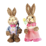 Maxbell 2Pcs Straw Woven Bunny Decoration Bunny Couple Statue for Garden Office Home