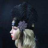 Maxbell Black Crystal Sequins Ostrich Feather Headpiece Vintage Headband Flapper - Aladdin Shoppers