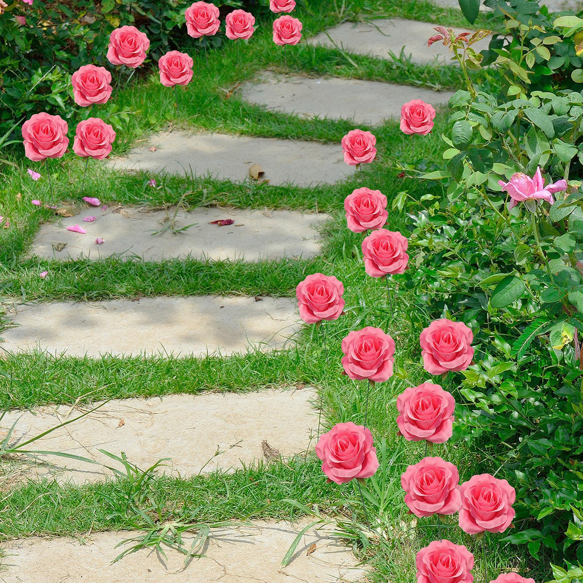 Maxbell 2Pcs Rose Garden Stakes Decor Realistic Yard Stakes for Porch Path Backyards Red