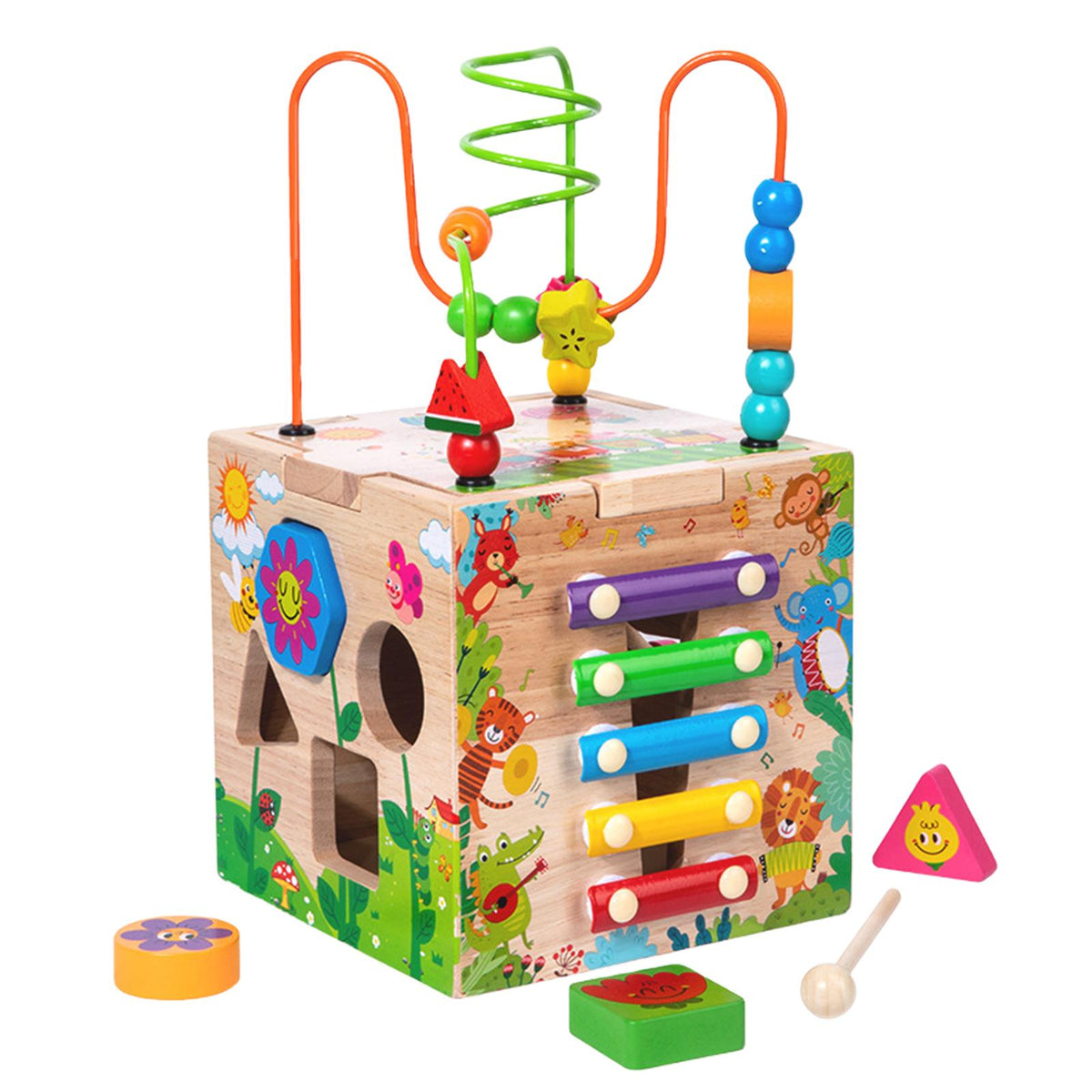 Maxbell Wooden Activity Cube Toy Shape Matching Track Movement Early Educational Toy