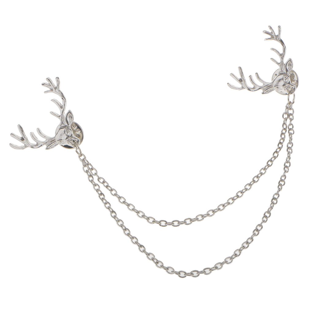 Maxbell Maxbell Fashion Deer Head Elk Tips Double Chains Tassels Collar Pins Brooch Silver