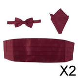 Maxbell 2x3pcs Men's Satin Bow Tie Cummerbund Hanky Handkerchief Wine Red