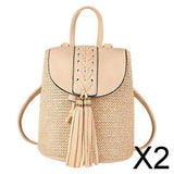 Maxbell 2xWomen Small Straw Woven Backpack Shoulder Bag Travel Beach Daypack Beige