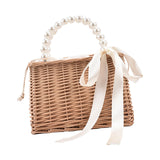 Maxbell 3xSummer Straw Bag Basket Handbag Double Handles for Market Shopping Decor Pearl Handle