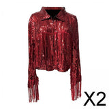 Maxbell 2xWomen's Sequin Jacket Shiny Lapel Coat for Cosplay Exhibition Beach Vacation red