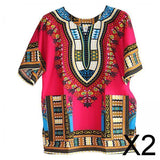 Maxbell 2xUnisex African Dashiki Shirt V Neck Short Sleeve Comfortable Summer Wear One Size  Rose Red