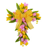 Easter Cross Wreath Front Door Tulip Wreath Holiday Artificial Flower Wreath Pink Yellow Flowers