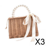Maxbell 3xSummer Straw Bag Basket Handbag Double Handles for Market Shopping Decor Pearl Handle