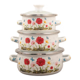 Maxbell 3 Pieces Enamel Stockpot with Lid Gifts Soup Pot for Restaurant Home Cooking Red Flower