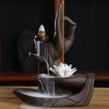 Maxbell Ceramic Tathagata Buddha Lotus Backflow Incense Burner Holder Lotus Style