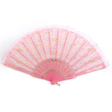 Chinese Foldable Dual Lace Trim Hand Fan Wing Chun Dancing Fan Pink