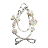 Maxbell Beaded Keychain Ornament Heart and Bow Decor Keyring for Children Women Gift White