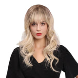 Maxbell Women 22'' Synthetic Wavy Curly w/ Neat Bangs Blonde Full Wig for Costume