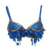 Maxbell Maxbell Belly Dance Beaded Bra Sequins Tassel Top Sexy Dancing Singer Costume Blue
