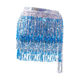 Maxbell 2xGlitter Belly Dance Hip Skirt Tassel Scarf for Stage Performance Rumba Samba Silver and Blue