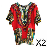 Maxbell 2xUnisex African Dashiki Shirt V Neck Short Sleeve Comfortable Summer Wear One Size  Red
