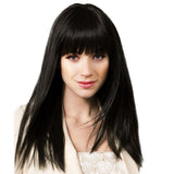 Long Black Human Hair Full Wig Straight Hairpieces with Bangs Heat Safe 48CM