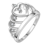 Maxbell .925 Silver Plated Copper Heart Crown Crystal Finger Ring Jewelry US Size 8