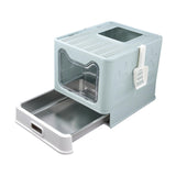 Maxbell Cat Litter Box with Lid Folding Hooded Front Entry Top Exit Kitty Litter Pan Blue