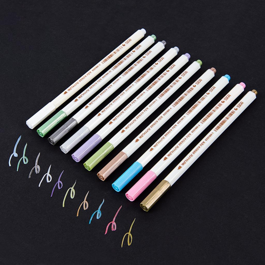 10 Colors Metallic Marker Pen Metal Marker Soft Brush Maker Pen for Album Black Paper DIY Scrapbooking Crafts Art Markers Stationery School Supplies - Aladdin Shoppers