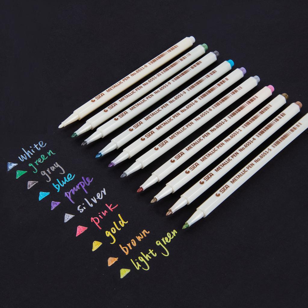 10 Colors Metallic Marker Pen Metal Marker Soft Brush Maker Pen for Album Black Paper DIY Scrapbooking Crafts Art Markers Stationery School Supplies - Aladdin Shoppers