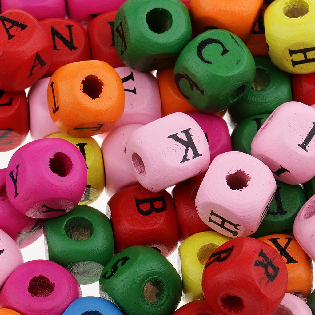 100-Piece Mixed Color 10mm Wooden Alphabet Letters Cube Beads Kids DIY Craft - Aladdin Shoppers