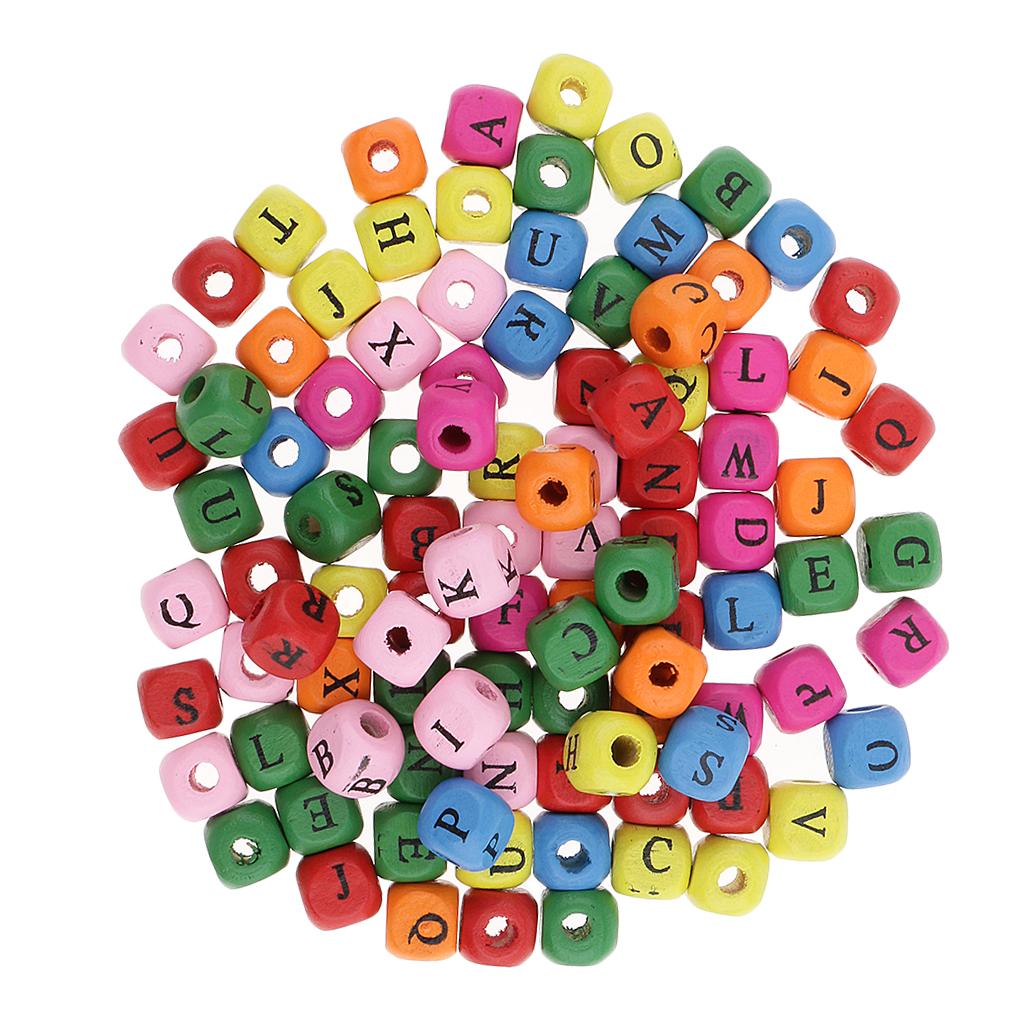 100-Piece Mixed Color 10mm Wooden Alphabet Letters Cube Beads Kids DIY Craft - Aladdin Shoppers