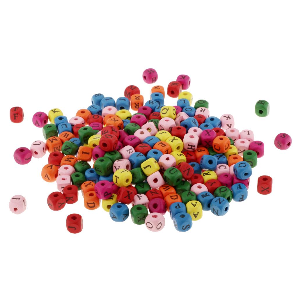 100-Piece Mixed Color 10mm Wooden Alphabet Letters Cube Beads Kids DIY Craft - Aladdin Shoppers