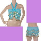 Womens Belly Dance Fancy Dress Clothing Costume Outfit Hip Scarf Wrap Belt Skirt with 128 False Gold Coins Baby Blue